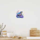 Leuke kleurrijke schildpad omringd door bloemen poster (Keuken)