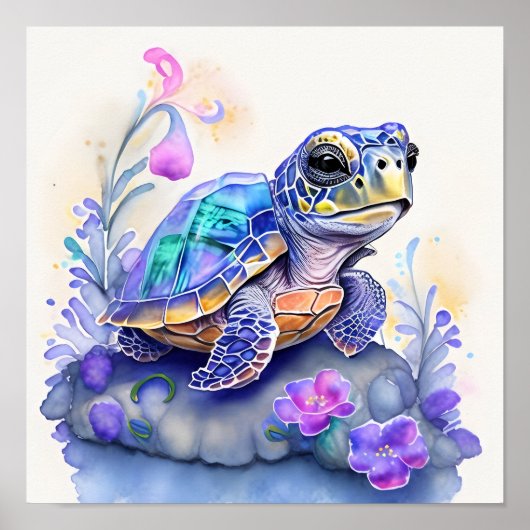 Leuke kleurrijke schildpad omringd door bloemen poster (Voorkant)