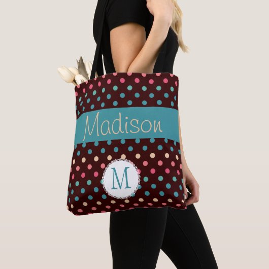 Leuke kleurrijke Stippen Trendy Initiaal Monogram Tote Bag (Dichtbij)