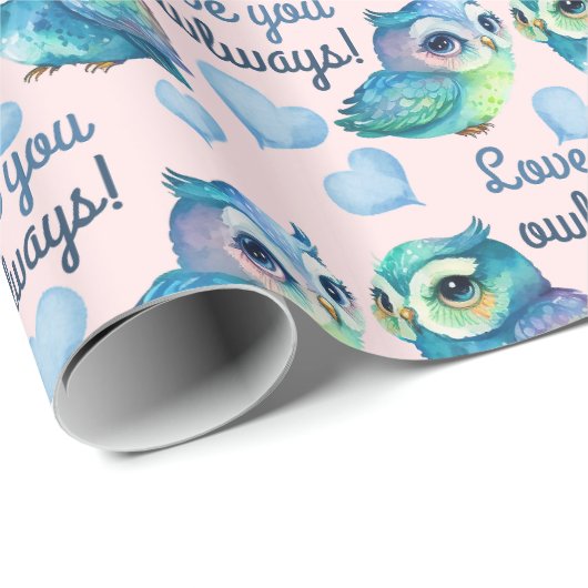 Leuke kleurrijke Uil Liefde U Uilways Blush Cadeaupapier (Rol Hoek)