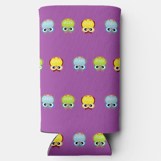 Leuke kleurrijke uilen op paarse seltzer blikjeskoeler (Achterkant)