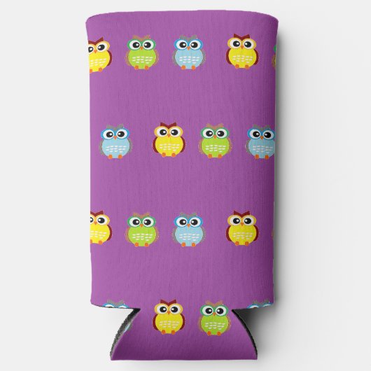 Leuke kleurrijke uilen op paarse seltzer blikjeskoeler (Voorkant)