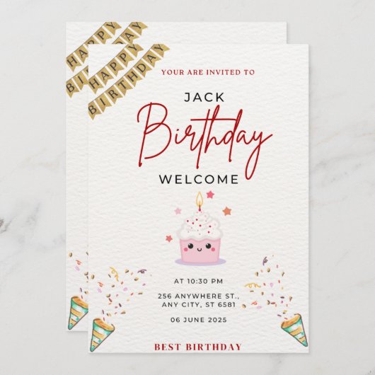 Leuke & kleurrijke verjaardagsfeestje uitnodiging (Voorkant / Achterkant)