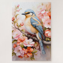 Leuke kleurrijke vogel op een tak met bloemen