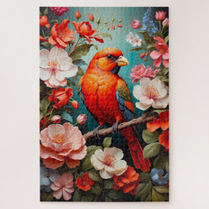 Leuke kleurrijke vogel op een tak met bloemen legpuzzel