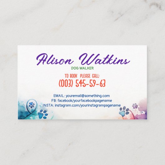 Leuke kleurrijke Waterverf Paw Prints Visitekaartje (Achterkant)