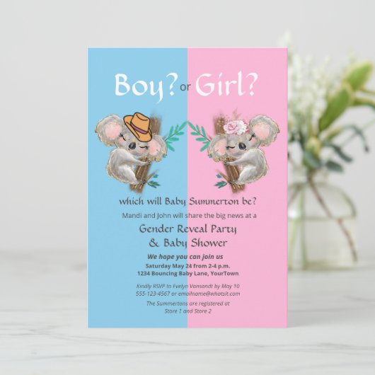 Leuke Koala Geslacht Onthullen Partij / Baby showe Kaart (Staand voorkant)