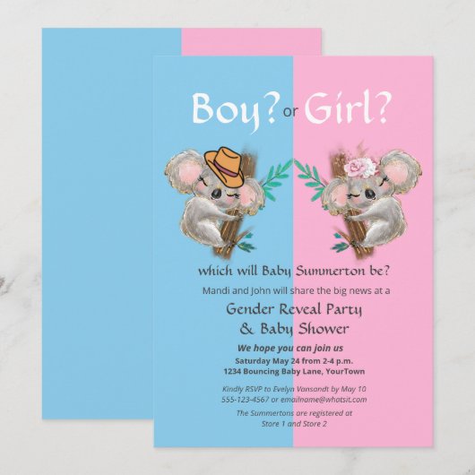 Leuke Koala Geslacht Onthullen Partij / Baby showe Kaart (Voorkant / Achterkant)