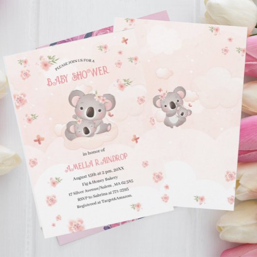 Leuke Koala roze bloemetjes baby shower waterverf Kaart
