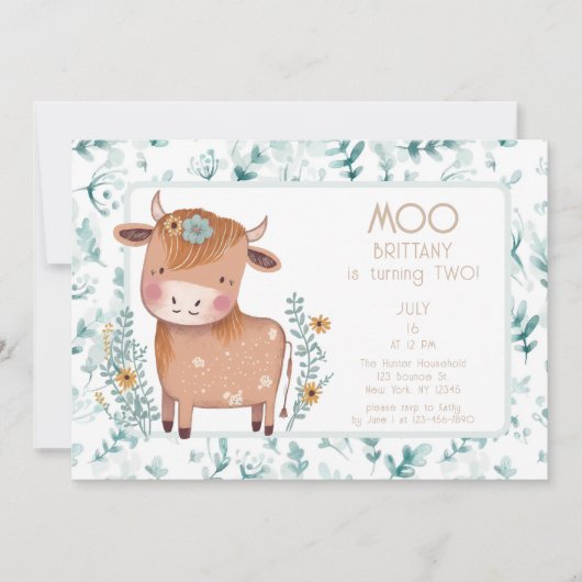 Leuke Koe Boho Floral Tweede Verjaardag Kaart (Voorkant)