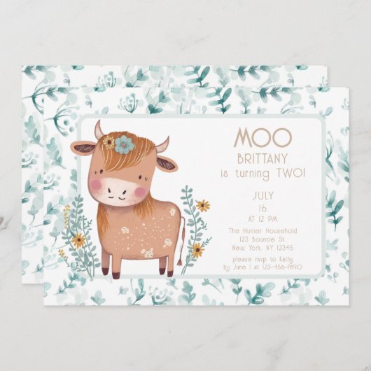 Leuke Koe Boho Floral Tweede Verjaardag Kaart (Voorkant / Achterkant)