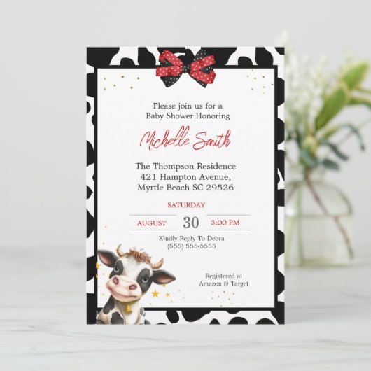 Leuke Koe en Koe Print Baby Douche Invitations Kaart (Staand voorkant)