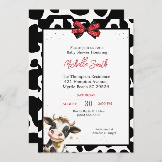 Leuke Koe en Koe Print Baby Douche Invitations Kaart (Voorkant / Achterkant)