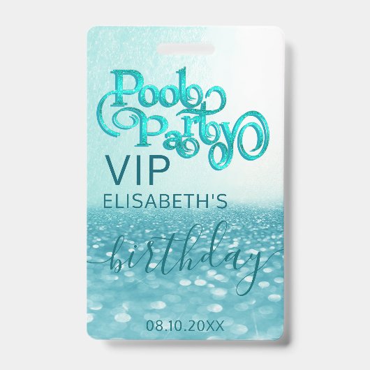 Leuke koele glitterscript zwembadfeest VIP-badge Badge (Voorzijde)
