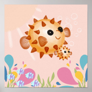 Leuke kogelvis in roze oceaan scene, poster
