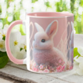 Leuke konijn roze bloemendromerige achtergrond mok