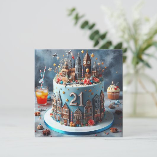 LEUKE KOSMOPOLITISCHE 21E VERJAARDAGSTAART KAART (Staand voorkant)