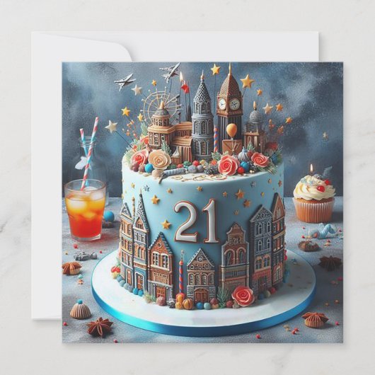 LEUKE KOSMOPOLITISCHE 21E VERJAARDAGSTAART KAART (Voorkant)
