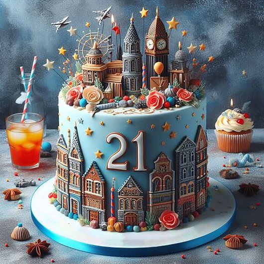 LEUKE KOSMOPOLITISCHE 21E VERJAARDAGSTAART KAART