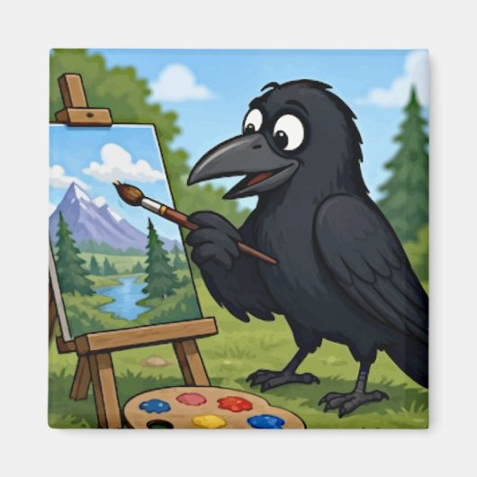 Leuke Kunstenaar Kraai Schildert Landschapskunst Magneet (Voorkant)