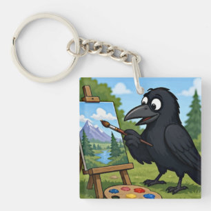 Leuke Kunstenaar Kraai Schildert Landschapskunst Sleutelhanger