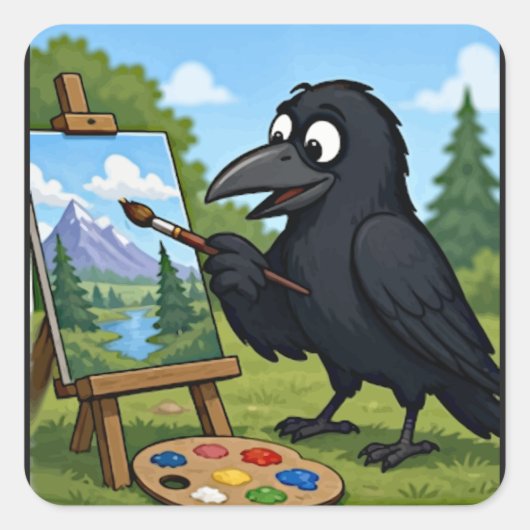 Leuke Kunstenaar Kraai Schildert Landschapskunst Vierkante Sticker (Voorkant)