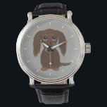 Leuke langharige chocolade dachshund wiener hond horloge<br><div class="desc">Dit originele wiener hondenpolshorloge is verkrijgbaar in diverse stijlen voor mannen,  vrouwen en kinderen. Een coole mode accessoire dat een geweldig cadeau is voor liefhebbers van langharige chocolade Dachshund. Bezoek Jenn’s Doodle World voor veel meer stijlvolle hondenrassen horloges.</div>