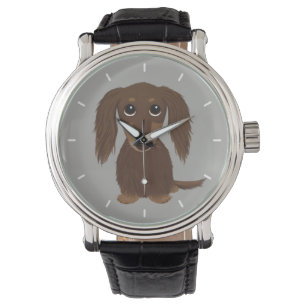 Leuke langharige chocolade dachshund wiener hond horloge