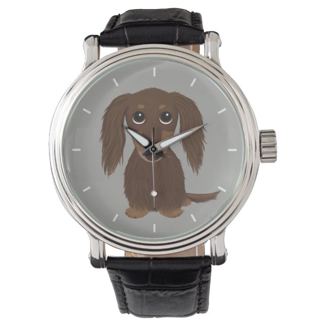 Leuke langharige chocolade dachshund wiener hond horloge (Voorkant)