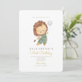 Leuke Leeuw & Ballon Eerste Verjaardag 1e Verjaard Kaart (Staand voorkant)