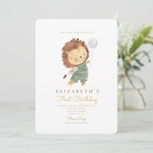 Leuke Leeuw & Ballon Eerste Verjaardag 1e Verjaard Kaart (Staand voorkant)