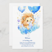 Leuke Leeuw Eerste Verjaardag Uitnodiging (Voorkant / Achterkant)