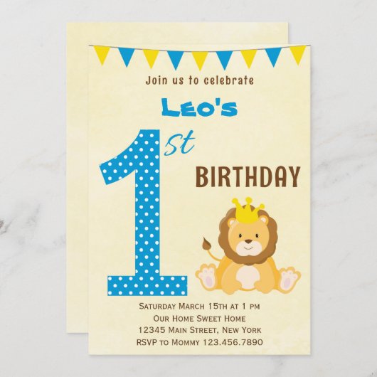 Leuke Leeuw Eerste Verjaardag Uitnodiging (Voorkant / Achterkant)