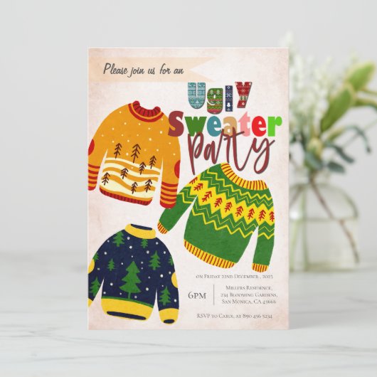 Leuke lelijke trui kerst party uitnodiging (Staand voorkant)