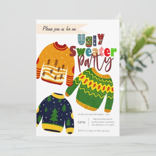 Leuke lelijke trui kerst party uitnodiging (Staand voorkant)