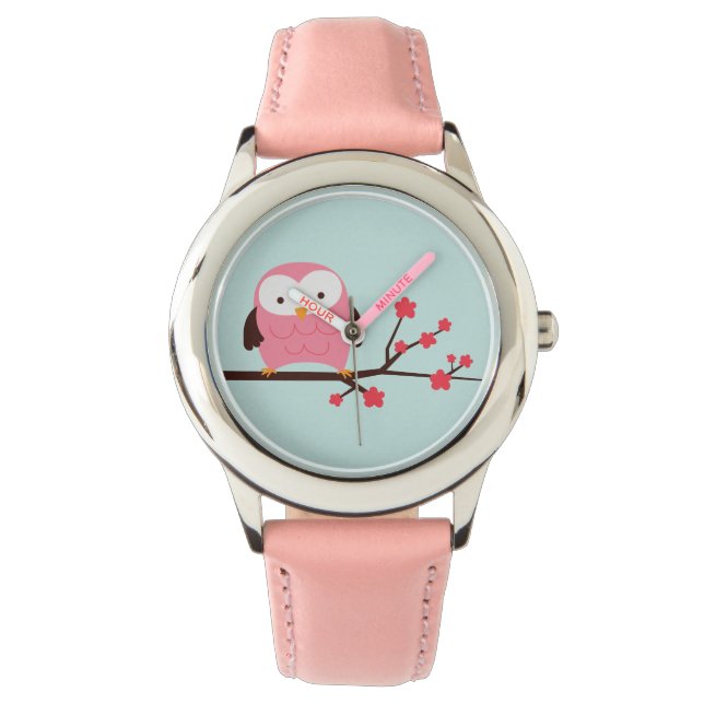 Leuke lente roze uil horloge (Voorkant)