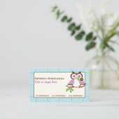 Leuke lenteuil op een tak, blauwe geruite rand visitekaartje (Staand voorkant)