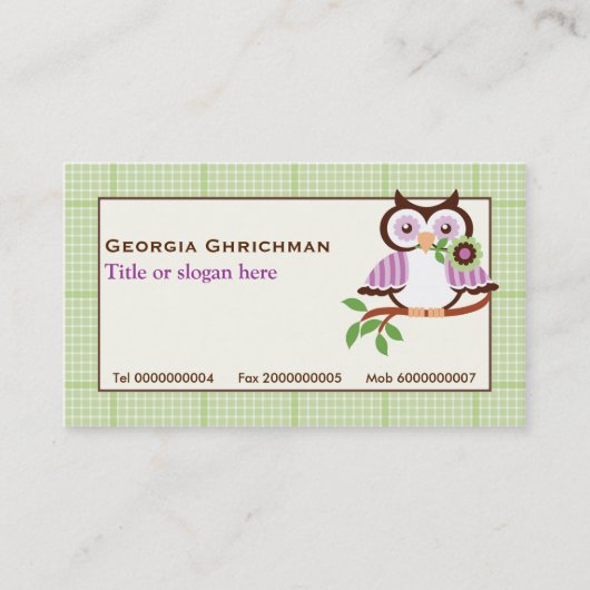 Leuke lenteuil op een tak, groene geruite rand visitekaartje (Voorkant)