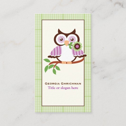 Leuke lenteuil op een tak, groene geruite rand visitekaartje (Voorkant)