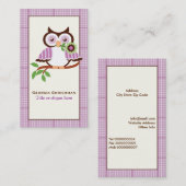 Leuke lenteuil op een tak, paarse geruite rand visitekaartje (Voorkant / Achterkant)