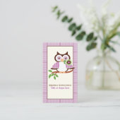 Leuke lenteuil op een tak, paarse geruite rand visitekaartje (Staand voorkant)