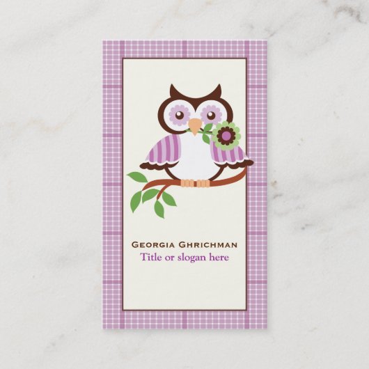 Leuke lenteuil op een tak, paarse geruite rand visitekaartje (Voorkant)