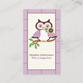 Leuke lenteuil op een tak, paarse geruite rand visitekaartje