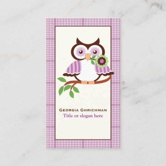 Leuke lenteuil op een tak, paarse geruite rand visitekaartje (Voorkant)