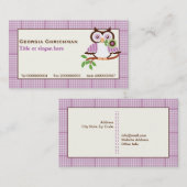 Leuke lenteuil op een tak, paarse geruite rand visitekaartje (Voorkant / Achterkant)