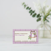 Leuke lenteuil op een tak, paarse geruite rand visitekaartje (Staand voorkant)