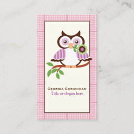Leuke lenteuil op een tak, roze geruite rand visitekaartje