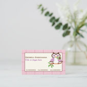 Leuke lenteuil op een tak, roze geruite rand visitekaartje (Staand voorkant)