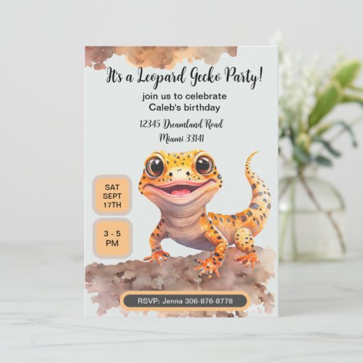Leuke Leopard Gecko Verjaardagsfeestuitnodiging Kaart (Staand voorkant)