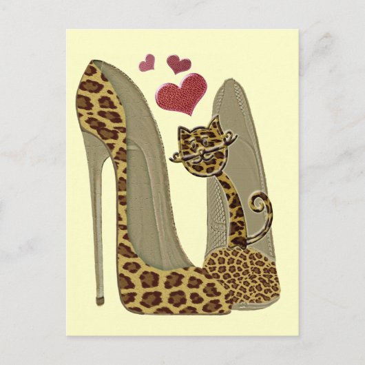 Leuke Leopard Stiletto en kat Briefkaart (Voorkant)
